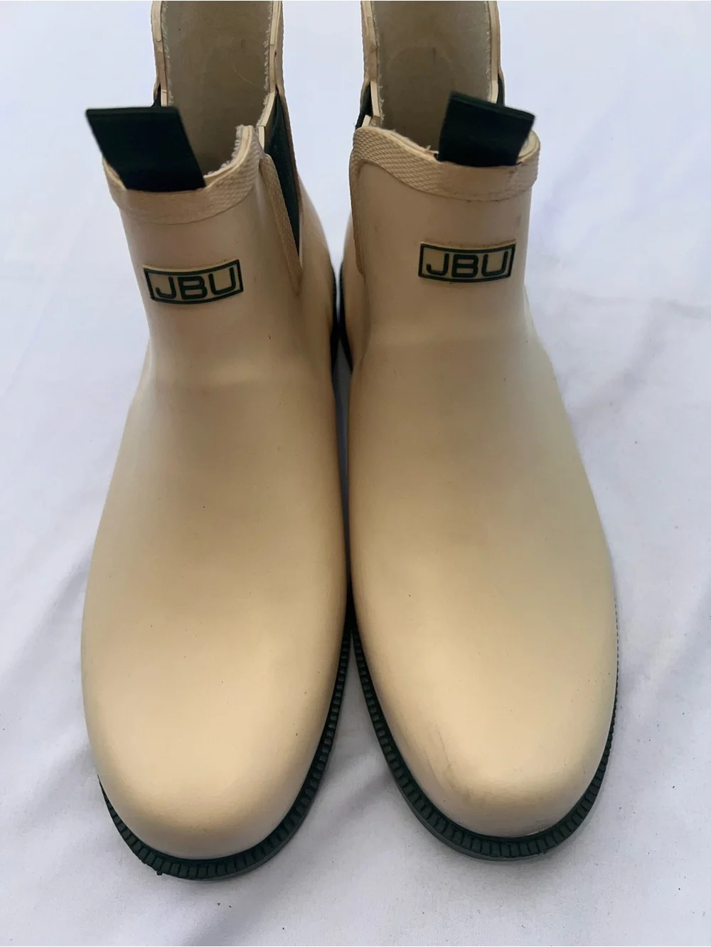 JBU Women’s Chelsea Rain Boots in Beige with Black Pull Tabs